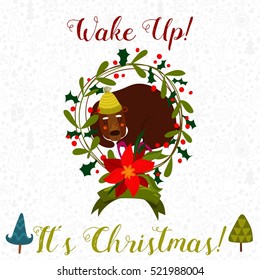 Wake Up! It's Christmas!  Holiday card with cute bear - stock vector