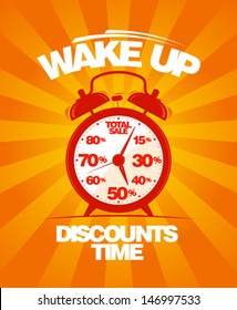 Wake up, discounts time. Sale design template with alarm clock