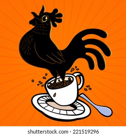 Wake up! Energetic espresso cartoon rooster springing from coffee cup and singing at cockcrow, strong coffee, early bird, sunrise, energy, good morning