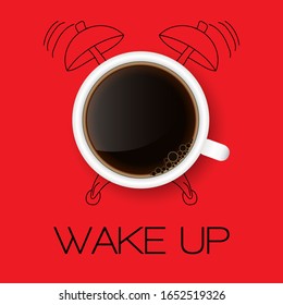 Wake Up!  Flat Design Cup of coffee, Vector isolated illustration on yellow background with alarm