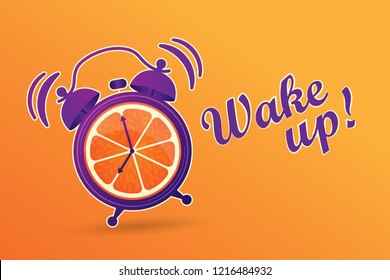 Wake up! Good morning. Good start to the day. Oranges juice for breakfast. Energetic, vitamin morning. The alarm clock rings to wake up in the morning. Cheerfulness for the whole day. Alarm clock with