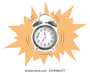 Wake up. Halftone alarm clock is ringing. Elements cut out from a magazine. Retro modern design. Vector illustration