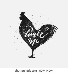 Wake up. Hipster vintage design. Hand drawn black rooster on white background.