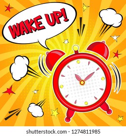 Wake up!! Lettering  cartoon vector illustration with alarm clock on yellow background. Pop art style