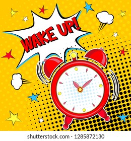 Wake up!! Lettering  cartoon vector illustration with alarm clock on yellow halfone background . Pop art style
