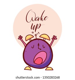 Wake up!! Lettering cartoon vector illustration with alarm clock on white background. Wake up lettering. Vector.