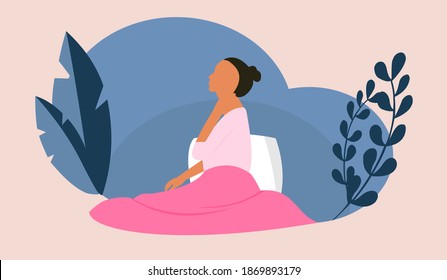 Wake up, new day, bedroom, comfort concept. Happy sleepy young woman or girl in a great mood sipping hands gets out of bed or preparing to sleep at home. Sweet smiling lady enjoys the early sunshine.