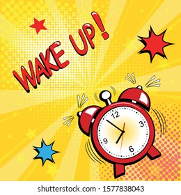 Wake up! Red alarm clock in pop art style . Vector halftone retro comic texture. Yellow background superhero. Lightning blast halftone dots.