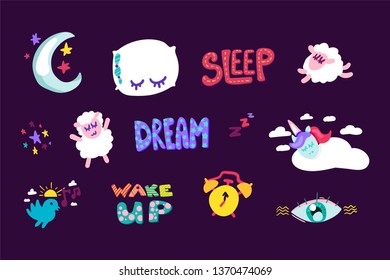 Wake up, sleep stitched frame stickers set