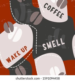 Wake up, smell, coffee text and coffee beans vector clipart assembled as repeat design with abstract background for cafe decoration or wallpaper.