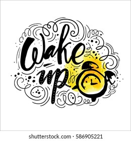 Wake up! vector lettering illustration. Hand drawn phrase. Modern brush calligraphy for invitation and greeting card, t-shirt, prints and posters. Sunset in the mountains background