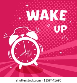 Wake up. White comic alarm clock on pinr background with halftone and stars in pop art style. Vector illustration
