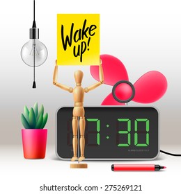 Wake up! Workspace mock up with digital alarm clock, vector illustration.
