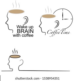 Wake up your brain with coffee in coffee time. Coffee brain logo vector. Line art symbol. Time to coffee on white background