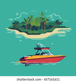 Wakeboard boat vector illustration featuring tropical island