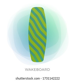 Wakeboard flat vector icon concept. Green and blue wakeboarding board isolated on white illustration. Wakeboard Club sign, logotype element for website, wear, banner, wakeboard station, sports camp
