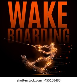 Wakeboard man on a wave in motion. Abstract silhouette of man or girl of glowing lines and points in motion. Imitation fiery athletes body. Vector sport illustration on black background