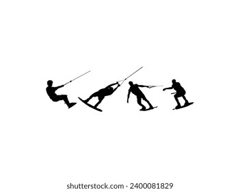 wakeboard silhouette. water ski sport. summer time on beach. ski acrobat on the sea. set of wakeboarding silhouette isolated white background. wakeboarding silhouettes, labels design and elements.