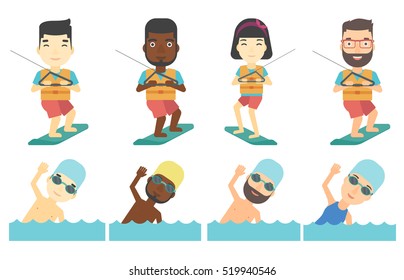 Wakeboarder making tricks. Young man wakeboarding on the sea. Professional sportsman training on wakeboard. Happy people swimming. Set of vector flat design illustrations isolated on white background.