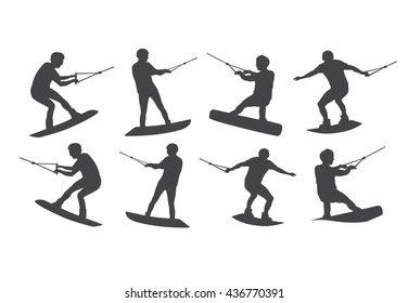 Wakeboarder on the wakeboard. Wakeboarding sport. Vector man on the board for wakeboarding isolated on white background.