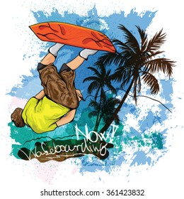 wakeboarder vector with palmtrees water splashes and text