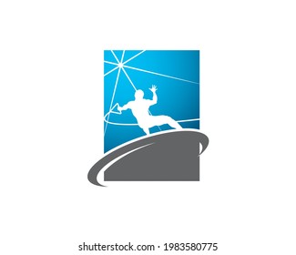 wakeboarding action logo inside recatangle with star burst and orbit circle