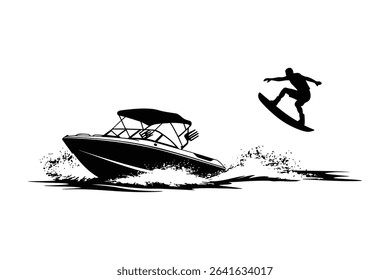 Wakeboarding Behind Speedboat Silhouette – Water Sports Action Scene Vector Illustration

