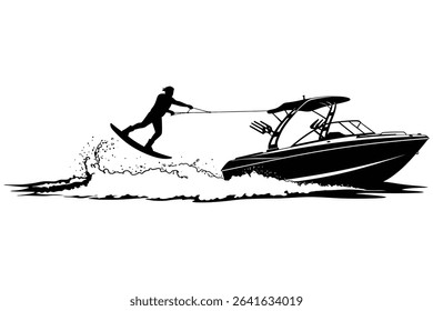Wakeboarding Behind Speedboat Silhouette – Water Sports Action Scene Vector Illustration

