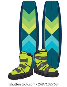 wakeboarding, both sides of the wakeboard standing up and a pair of boots isolated on a white background