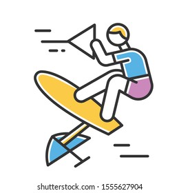 Wakeboarding color icon. Sling shot. Extreme water sport leisure. Rider standing on wakeboard. Adrenaline recreation. Outdoor activity. Isolated vector illustration
