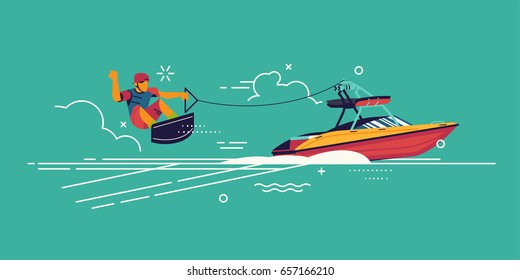 Wakeboarding. Cool vector wakeboard concept background with abstract water sportsman performing tricks being towed by motorboat. Watersport activity and recreation background