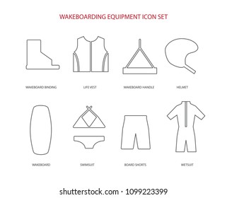 Wakeboarding equipment   thin line art icons set. Line icon set in modern geometric style. Isolated vector illustration of live vest, binding, wakeboard, swim suit, helmet, handle, rope, wetsuit