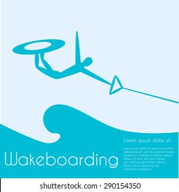 Wakeboarding. Extreme sports. Silhouette person jumping on wakeboard on sea background. Vector illustration.