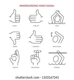 Wakeboarding hand signal vector icons set. Line icon set in modern geometric style. Isolated vector illustration of hand gesture boat  wakeboarding.