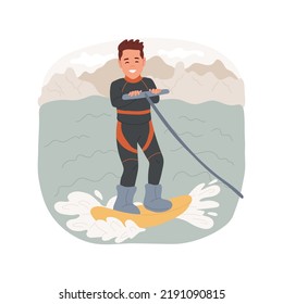 Wakeboarding isolated cartoon vector illustration. Cable wake park, learn wakeboarding, extreme watersport, kid in a wetsuit, making trick, family active lifestyle, vacation vector cartoon.