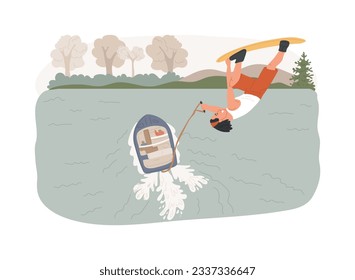 Ilustración vectorial de concepto aislado de Wakeboarding. Deportes acuáticos, extremos, cable de barco, truco de wakeboard, equipo de esquí acuático, estilo de vida activo, adrenalina, concepto de vector de parque de aventura en el lago.