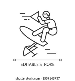 Wakeboarding linear icon. Sling shot. Extreme water sport leisure. Rider standing on wakeboard. Adrenaline recreation. Outdoor activity. Contour symbol Vector isolated outline drawing. Editable stroke