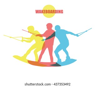 Wakeboarding logotype. Wakeboarder on the wakeboard. Vector man on the board.