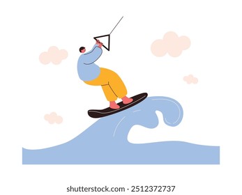 Wakeboarding in the open sea with big waves, extreme sports vector illustration.