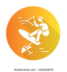 Wakeboarding orange flat design long shadow glyph icon. Sling shot. Extreme water sport leisure. Rider standing on wakeboard. Adrenaline recreation. Outdoor activity. Vector silhouette illustration