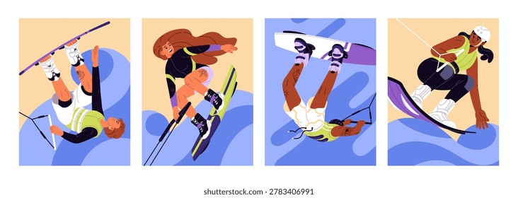 Wakeboarding people set. Young men and women are surfing holding rope, catch the wave on the ocean. Girls and boys are kiteboarding or kitesurfing, ride a board on the sea. Flat vector illustrations