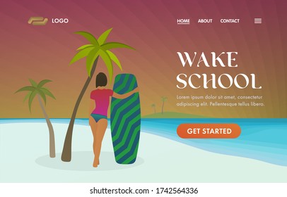 Wakeboarding School UI UX vectorial plantilla web para la página de inicio de la estación de despertador, campamento deportivo. Joven deportista abraza un wakboard mientras está de pie en una playa de arena blanca con palmeras y mira la puesta de sol