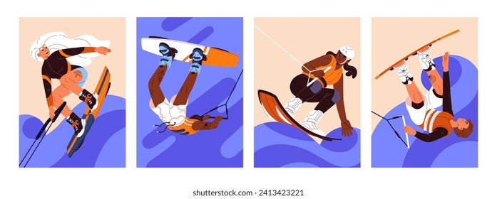 Wakeboarding set. People kitesurfing, go extreme water sport, do stunts. Characters ride on board with foot bindings, surfing towed by rope on ocean. Active hobby outdoors. Flat vector illustrations