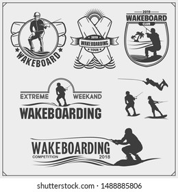 Wakeboarding silhouettes, labels and design elements. Set of emblems for wakeboard club and print design for t-shirt.