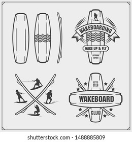 Wakeboarding silhouettes, labels and design elements. Set of emblems for wakeboard club and print design for t-shirt.