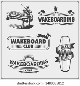 Wakeboarding silhouettes, labels and design elements. Set of emblems for wakeboard club and print design for t-shirt.