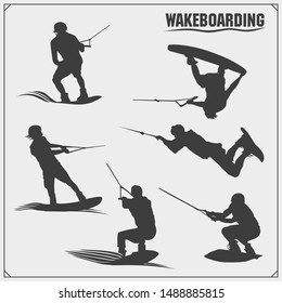 Wakeboarding silhouettes, labels and design elements. Set of emblems for wakeboard club and print design for t-shirt.