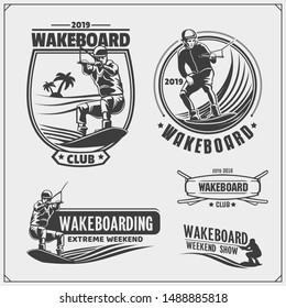 Wakeboarding silhouettes, labels and design elements. Set of emblems for wakeboard club and print design for t-shirt.