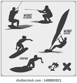 Wakeboarding silhouettes, labels and design elements. Set of emblems for wakeboard club and print design for t-shirt.