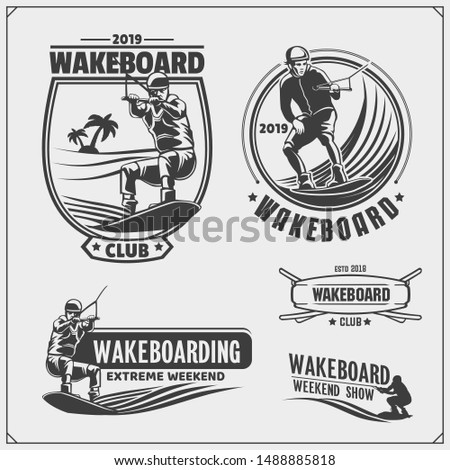 Wakeboarding silhouettes, labels and design elements. Set of emblems for wakeboard club and print design for t-shirt.